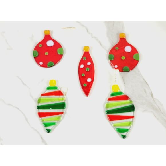 Christmas Flat Fused Glass Ornament 4" Tree Decor Hanging Holidays x5 - Picture 1 of 10